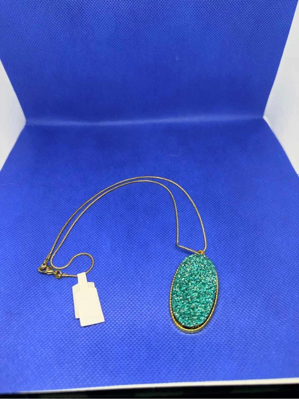 Gold-Tone Necklace with Teal Druzy Oval Pendant